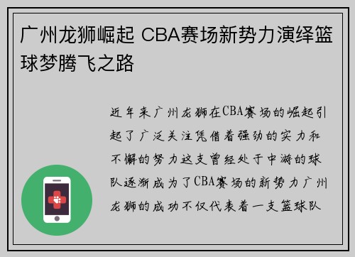 广州龙狮崛起 CBA赛场新势力演绎篮球梦腾飞之路